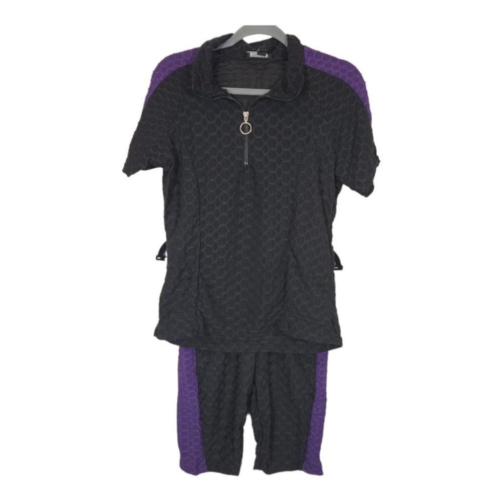 Rouge Collection 2 Piece Workout‎ Set in Black/Purple Size 1X